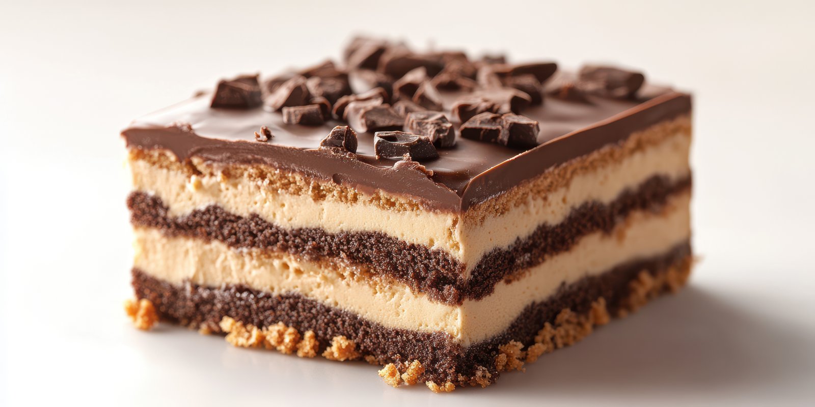 Delicious layered dessert with chocolate and creamy filling served on a light background